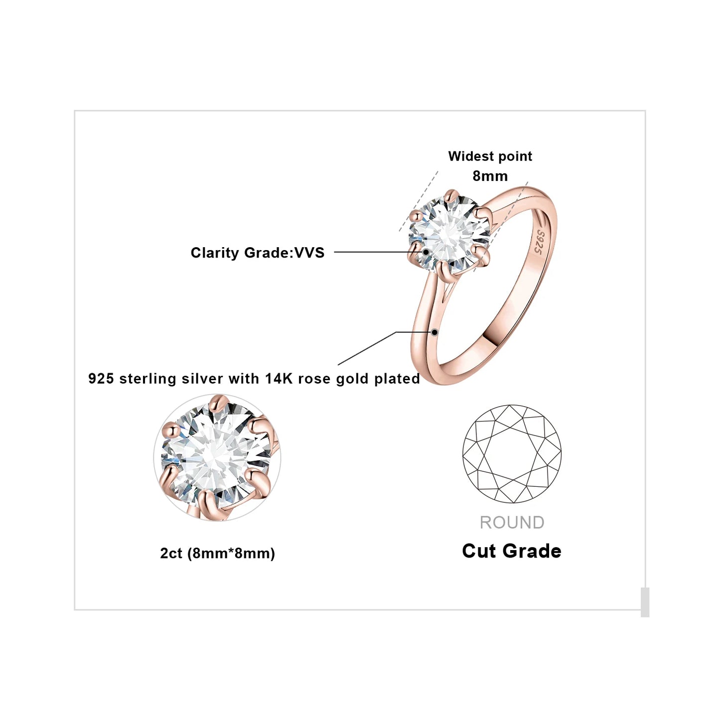 Exquisite Moissanite D Color Solitaire Round Cut Engagement and Wedding Ring in S925 Sterling Silver - Available in 0.5Ct, 1Ct, 1.5Ct, and 2Ct for Women