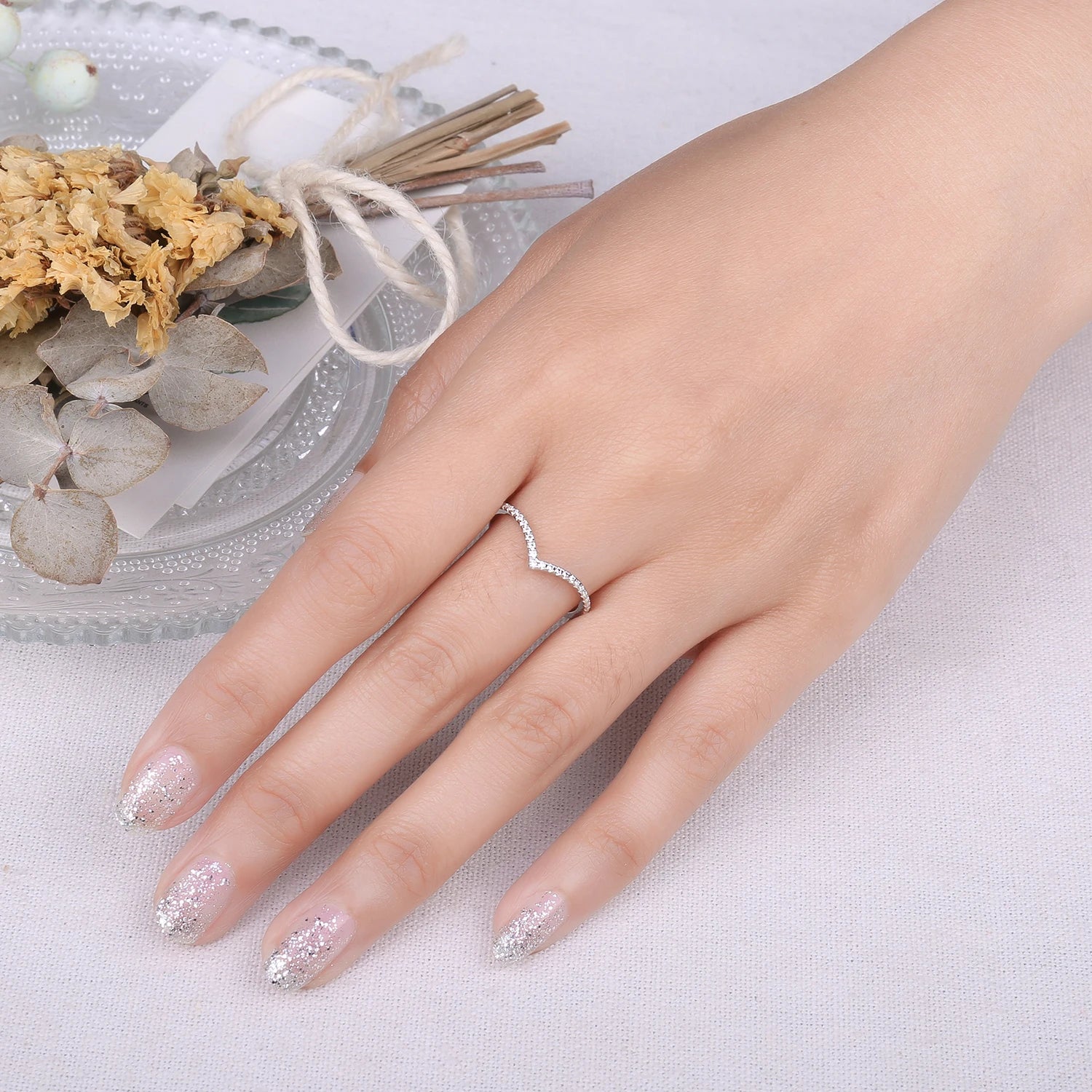 Radiant Moissanite D Color Round Cut 925 Sterling Silver V Shape Stackable Wedding Ring for Women with Yellow Rose Gold Plating