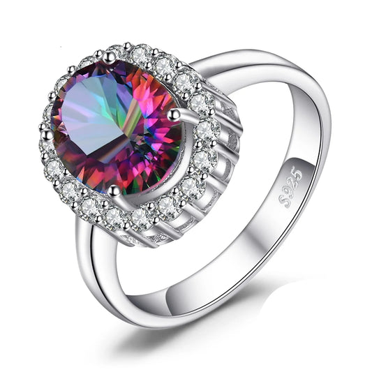 Exquisite 3.4Ct Natural Mystic Rainbow Quartz Halo Engagement Ring in 925 Sterling Silver - Perfect Gift for Women