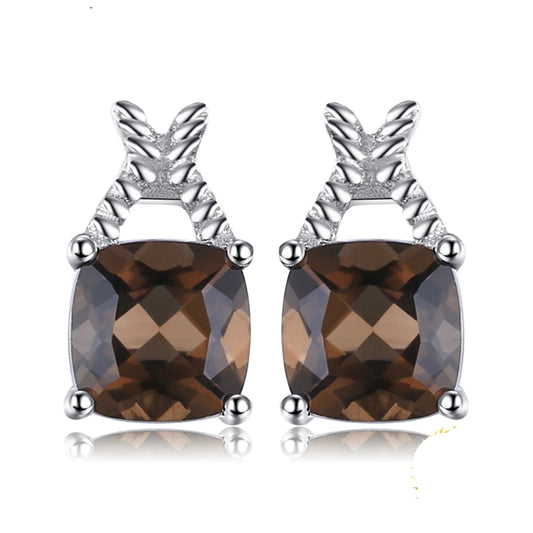 Exquisite 1Ct Genuine Smoky Quartz Square Stud Earrings in 925 Sterling Silver for Elegant Women