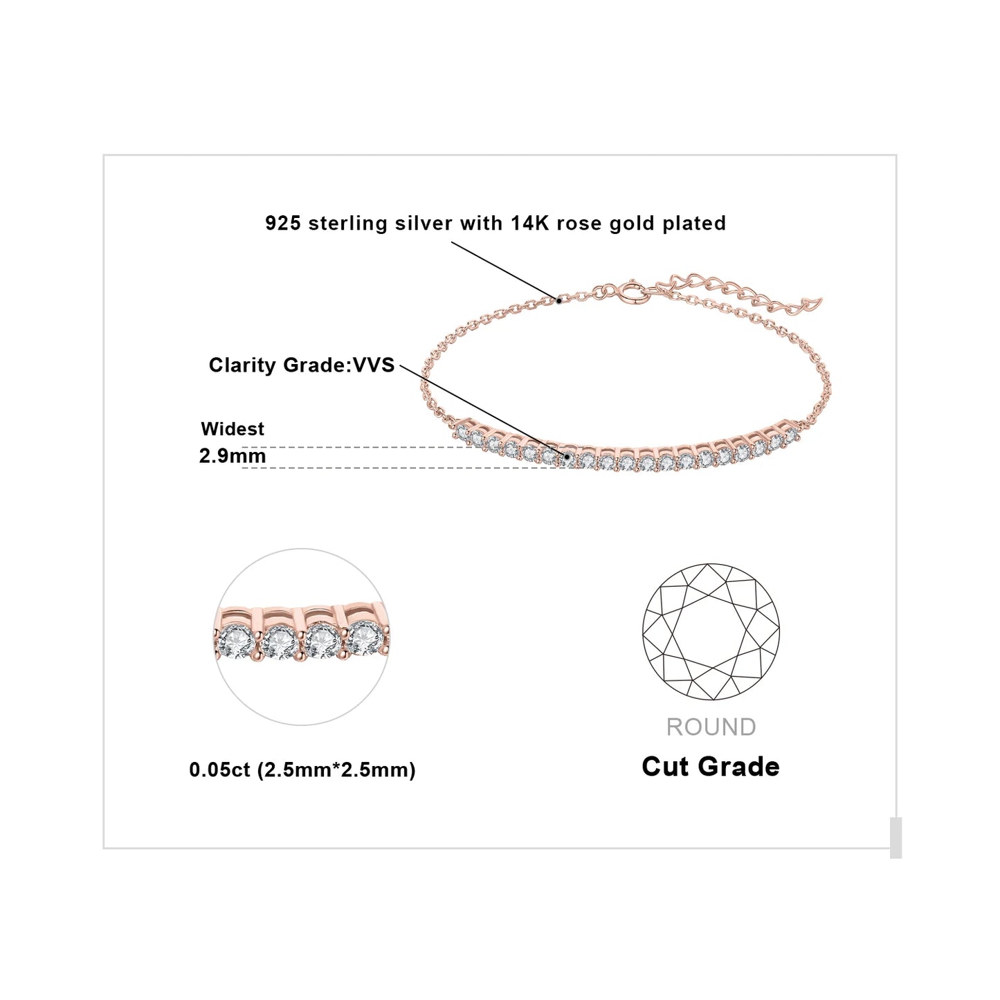 Elegant Moissanite D Color Round Cut 925 Sterling Silver Adjustable Link Bracelet for Women - Yellow Rose Gold Plated