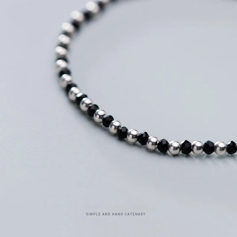 Elegant Black Crystal Ball Strand Bracelet in 925 Sterling Silver - A Sophisticated Gift for Women