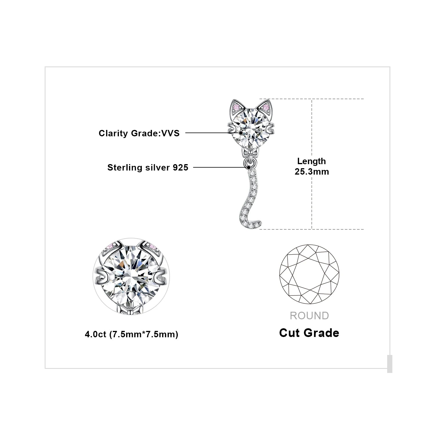 Elegant Love Cat Wagging Tail 4Ct Round Gemstone Stud Earrings in 925 Sterling Silver - Perfect Gift for Women and Girls