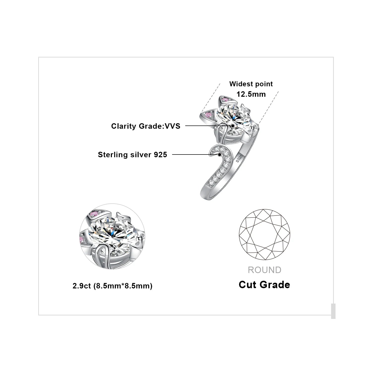 Exquisite 3Ct Love Cat Round Gemstone Adjustable Ring in 925 Sterling Silver for Women - Perfect for Any Occasion