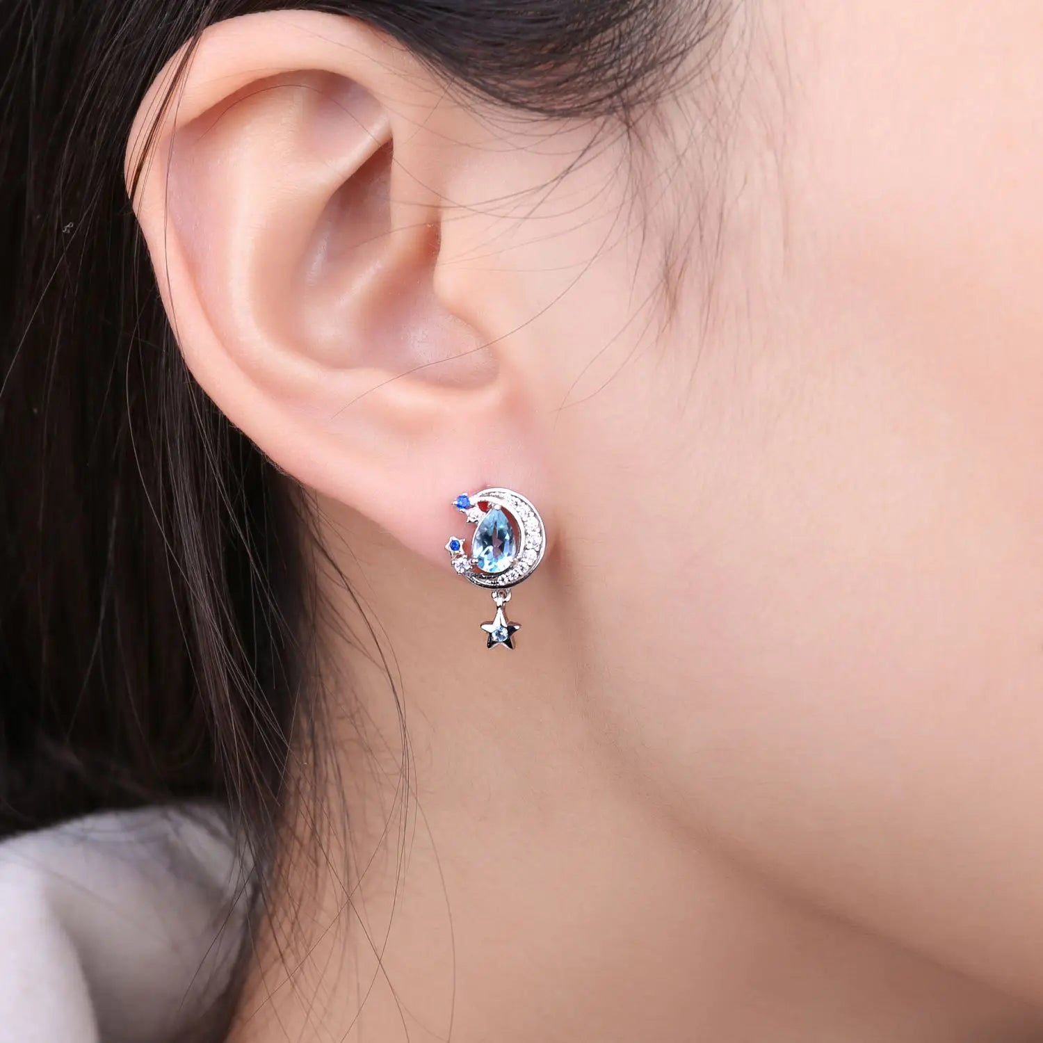 Elegant Moon Star 2.7Ct Genuine Sky Blue Topaz Stud Earrings in 925 Sterling Silver for Women