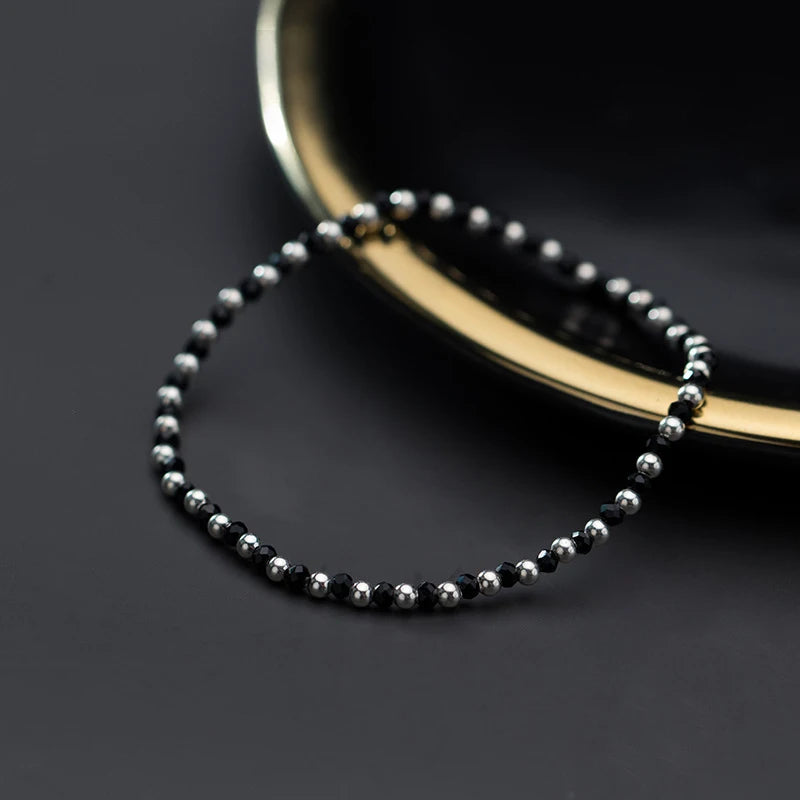 Elegant Black Crystal Ball Strand Bracelet in 925 Sterling Silver - A Sophisticated Gift for Women