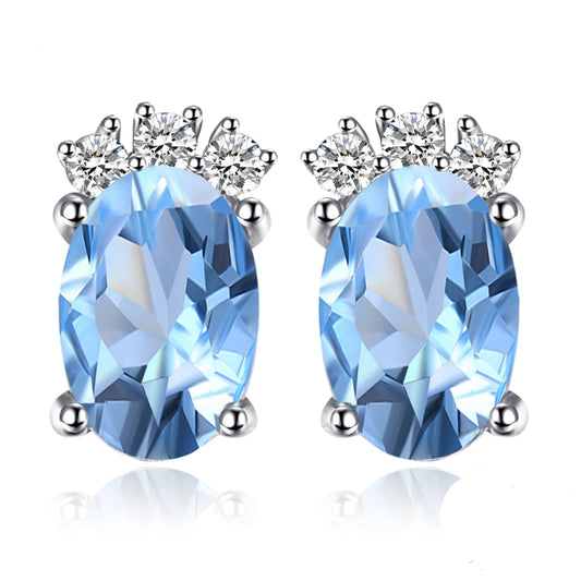 Elegant Crown Design 1Ct Oval Natural Sky Blue Topaz Stud Earrings Crafted in 925 Sterling Silver - Perfect Birthday Gift for Women