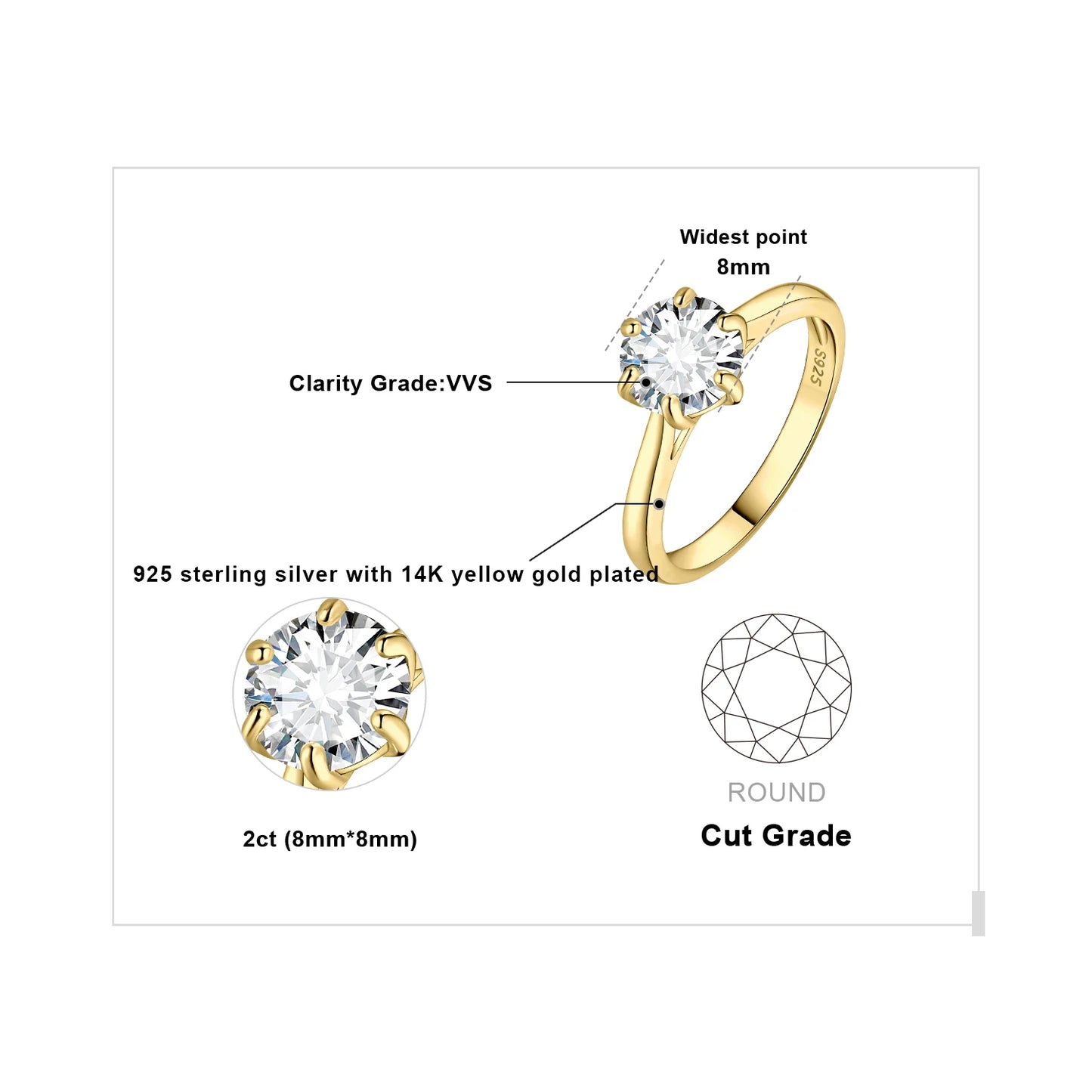 Exquisite Moissanite D Color Solitaire Round Cut Engagement and Wedding Ring in S925 Sterling Silver - Available in 0.5Ct, 1Ct, 1.5Ct, and 2Ct for Women