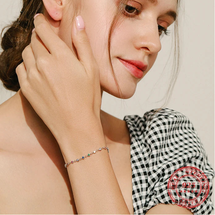 Exquisite Bohemia Style Charm Bracelet for Women in Real 925 Sterling Silver, Featuring Dazzling Rainbow CZ Stones - A Stunning Fashion Jewelry Accessory