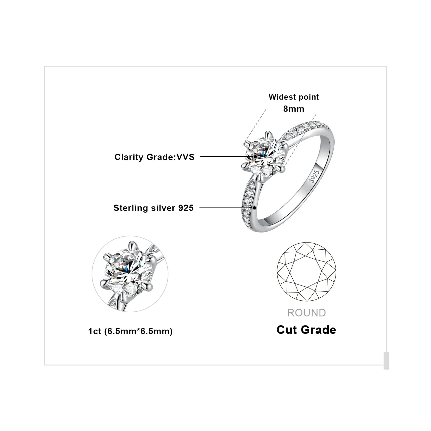 Exquisite 5A CZ Solitaire Classic 925 Sterling Silver Cocktail Ring - Perfect Engagement and Anniversary Gift for Women