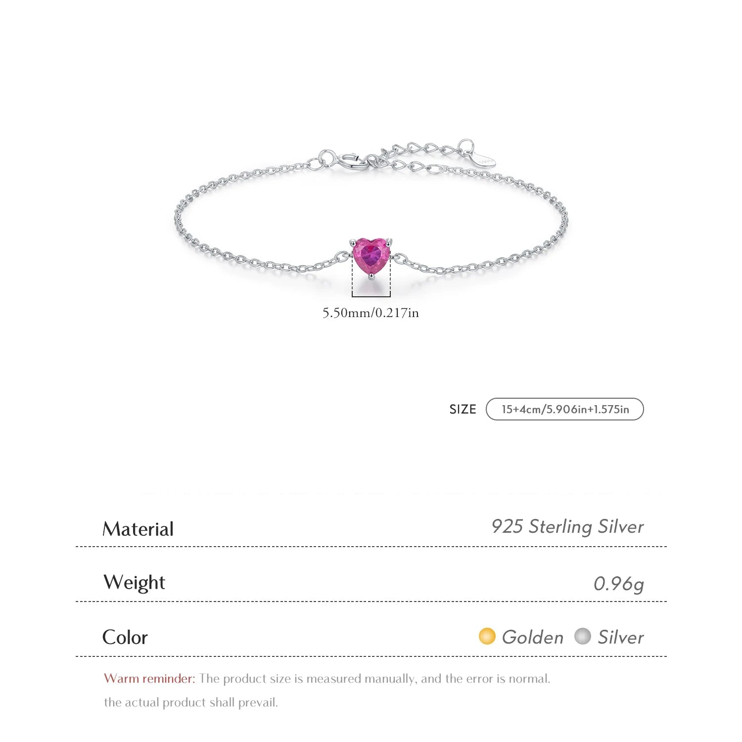 Stunning 925 Sterling Silver Heart Bracelet with Romantic Rose Red Zirconia - Elegant Link Chain for Women, Perfect for Fine Jewelry Gifts