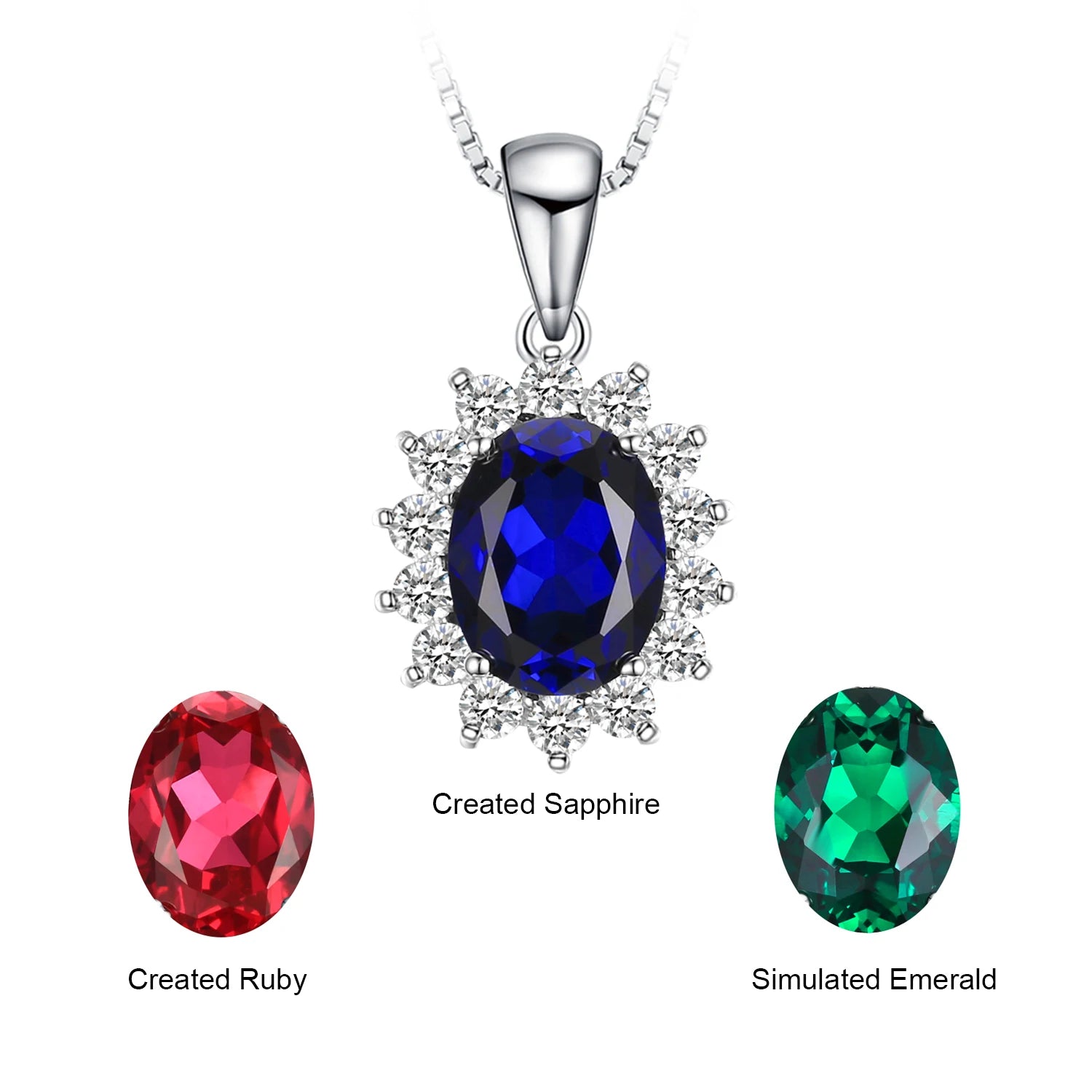 Elegant Princess Diana Inspired Blue Sapphire and Ruby Simulated Emerald Pendant Necklace in 925 Sterling Silver for Women (Chain Not Included)