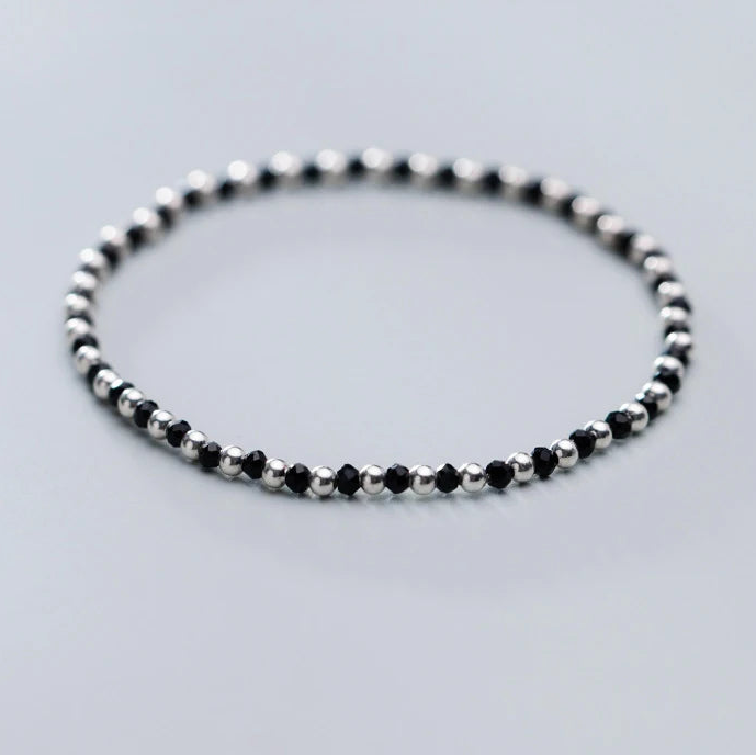 Elegant Black Crystal Ball Strand Bracelet in 925 Sterling Silver - A Sophisticated Gift for Women