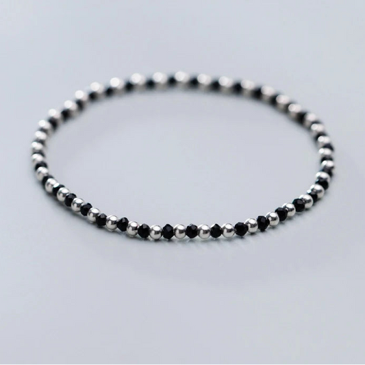 Elegant Black Crystal Ball Strand Bracelet in 925 Sterling Silver - A Sophisticated Gift for Women