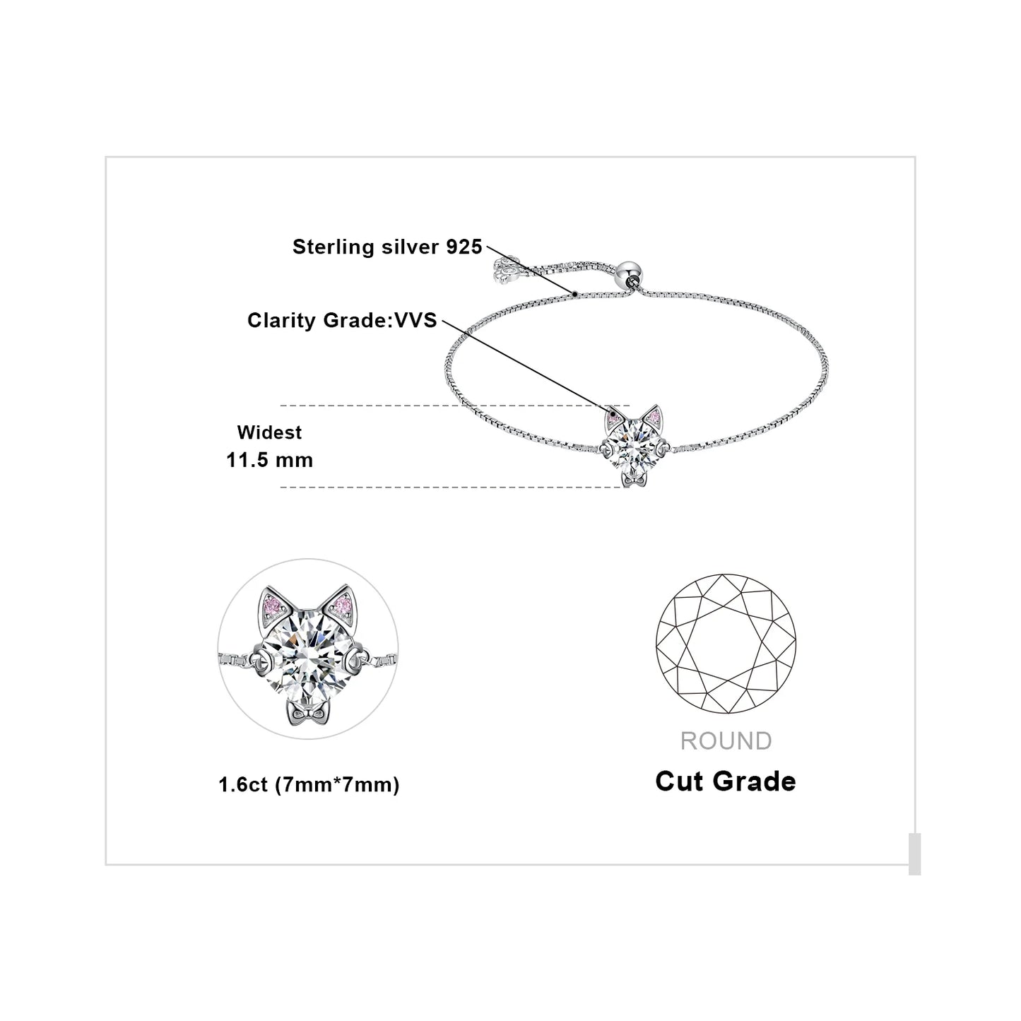 New Arrival: Exquisite 1.7Ct Round Gemstone Adjustable Love Cat Bracelet in 925 Sterling Silver - A Perfect Gift for Women