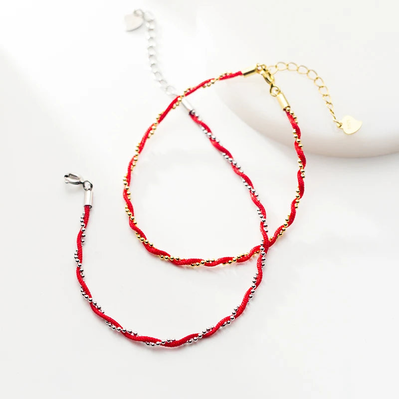Elegant Red Rope Beads Bracelet for Women - Exquisite Adjustable 925 Sterling Silver Geometric Link Chain Fine Jewelry