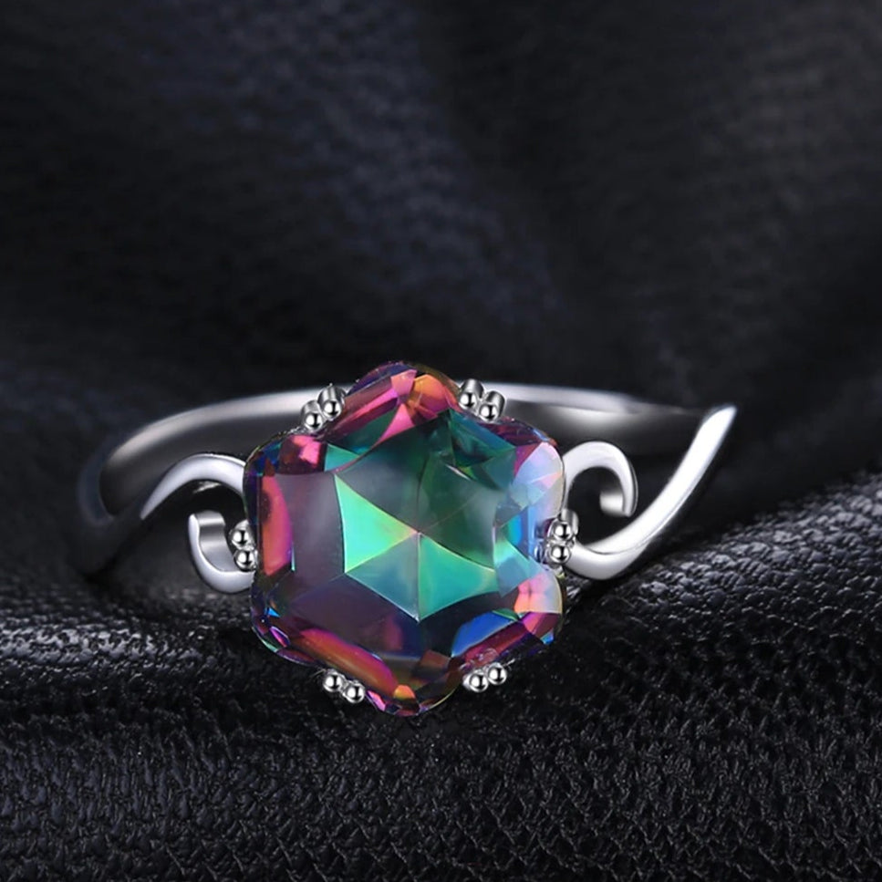Stunning Flower-Inspired Rainbow Mystic Quartz Cocktail Ring in 925 Sterling Silver for Women - A Statement of Elegance in Fine Jewelry