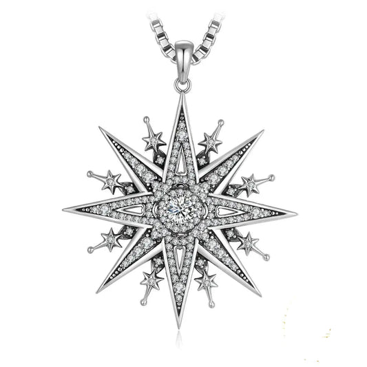 Stunning Vintage Gothic North Star 925 Sterling Silver Pendant Necklace with Cubic Zirconia – Perfect for Any Occasion!