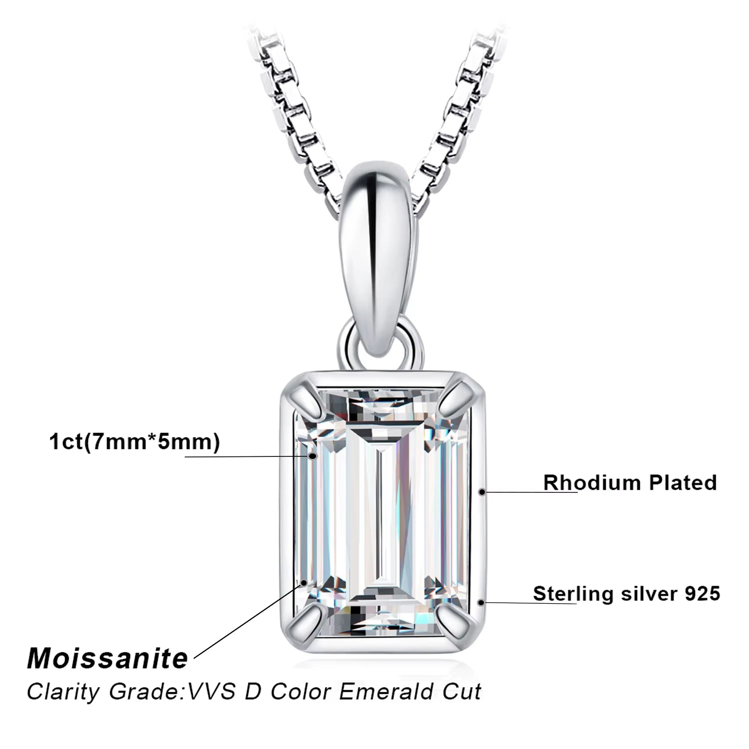 Exquisite 1Ct D Color Emerald Cut Moissanite Pendant Necklace in 925 Sterling Silver - Perfect Gift for Women - Yellow Rose Gold Plated (Chain Not Included)
