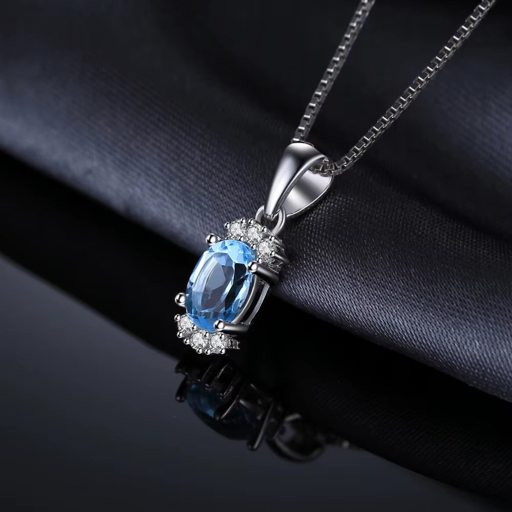 Stunning Natural Oval Sky Blue Topaz Pendant Necklace in Solid 925 Sterling Silver - Elegant Fine Jewelry for Women