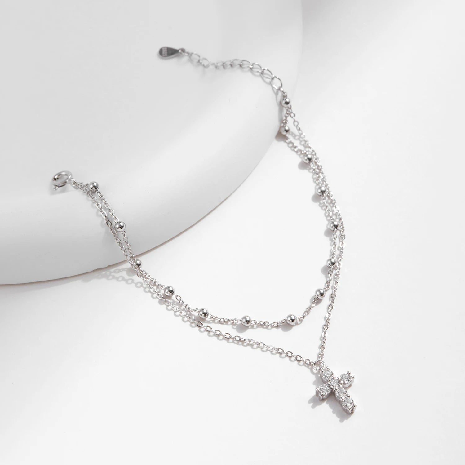 Stunning Double Layer Link Chain Bracelet with Exquisite Cross CZ Design in 925 Sterling Silver for Women - Perfect for Elegant Occasions