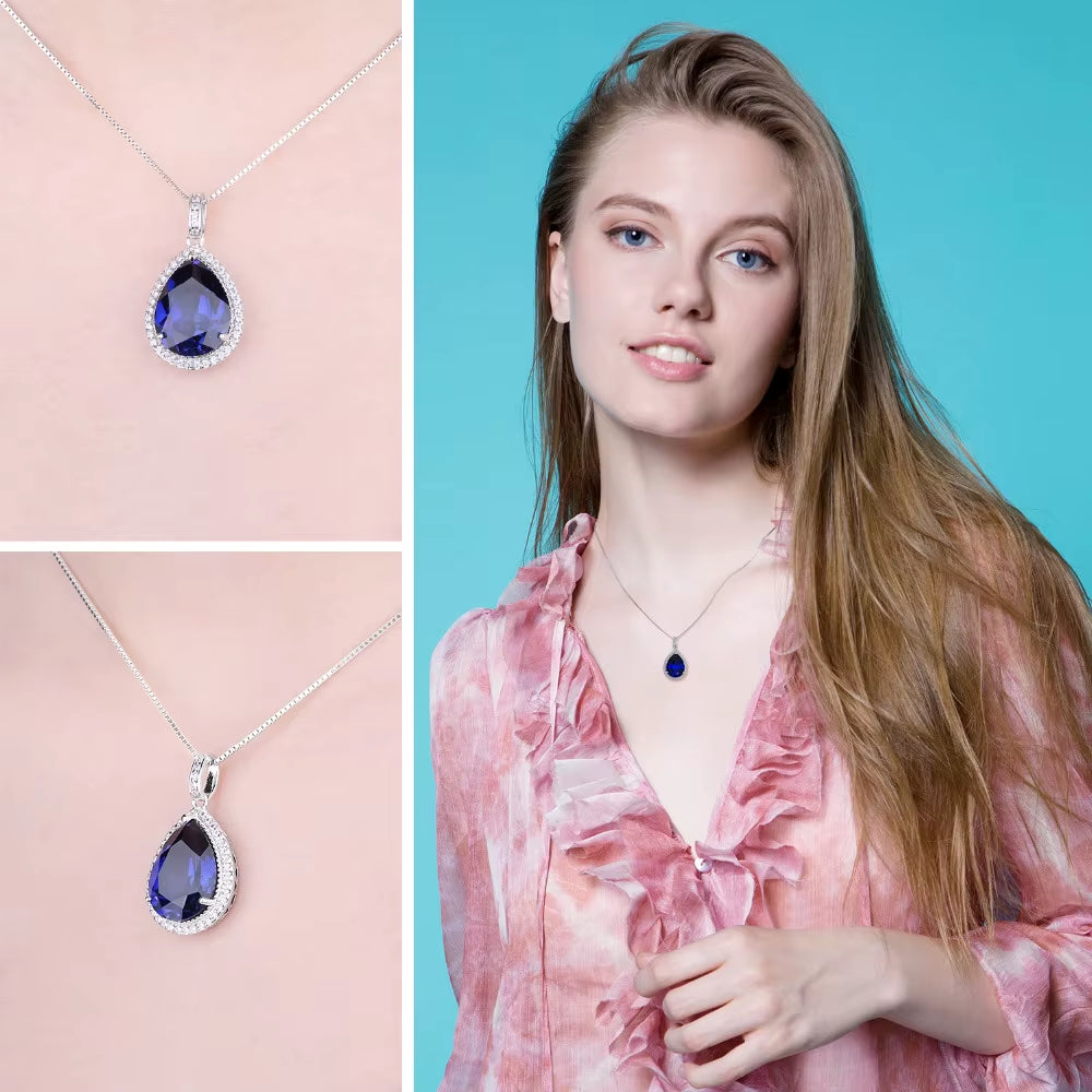 Luxurious 12Ct Created Blue Sapphire Pendant Necklace in 925 Sterling Silver for Women - Exquisite Birthday or Party Gift