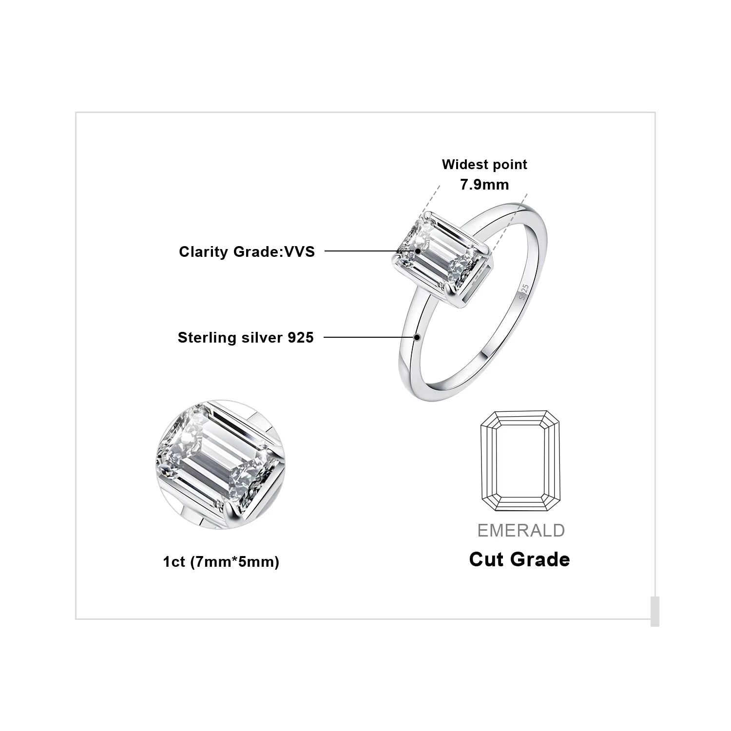 Radiant 5A CZ Emerald Cut Solitaire Cocktail Ring in 925 Sterling Silver - The Perfect Wedding and Anniversary Fine Jewelry for Women