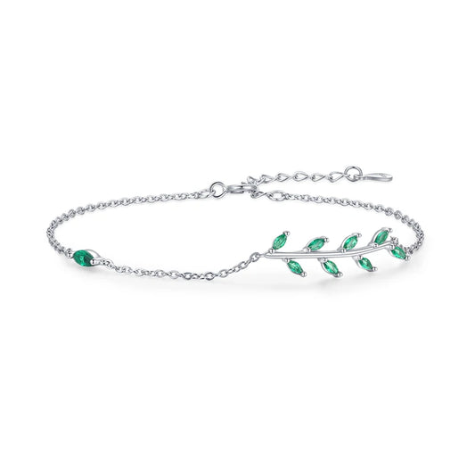 Exquisite 925 Sterling Silver Adjustable Link Bracelets Adorned with Green Zircon and Crystal Leaves - Perfect for Women’s Fashion and Weddings