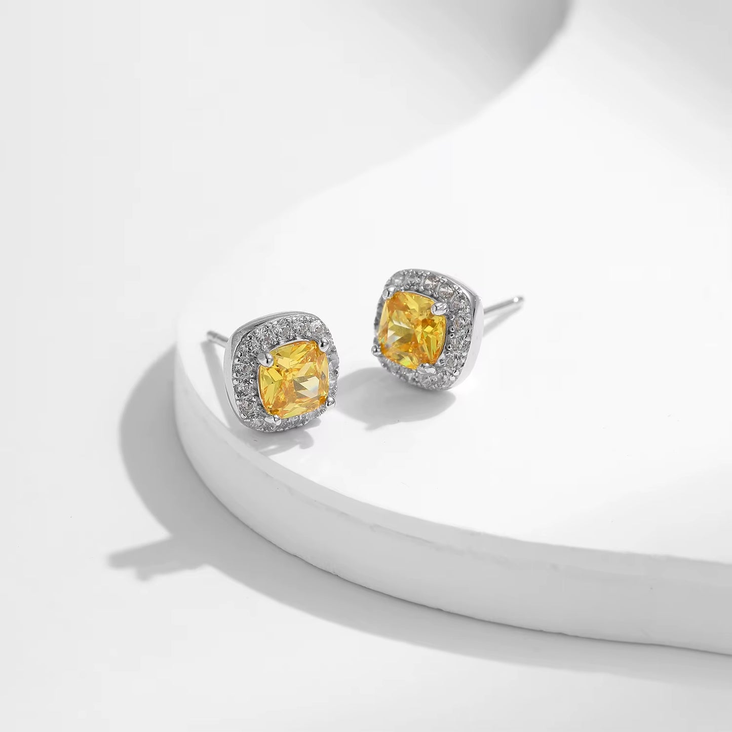 Yellow Sparkling Cubic Zirconia Platinum Plated Stud Earrings 925 Sterling Silver Earrings for Women Wedding Jewelry