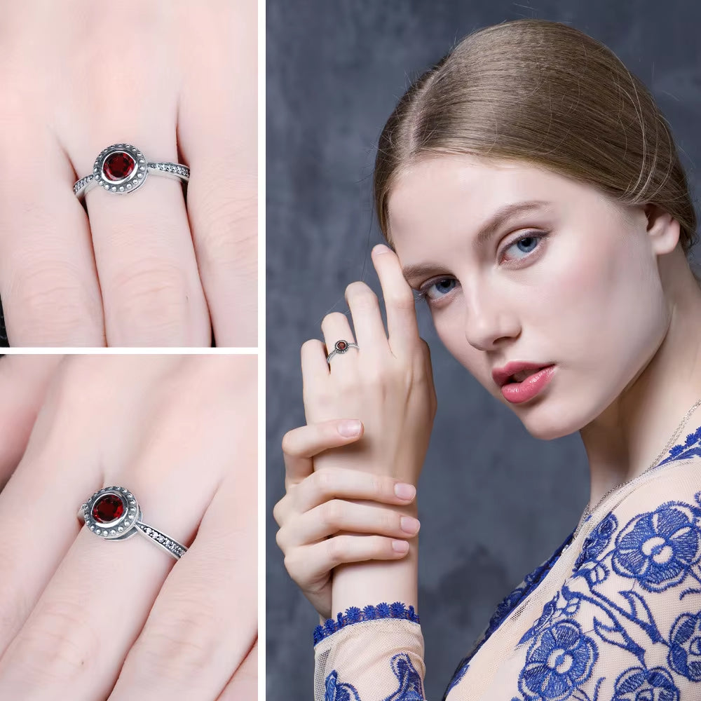 Elegant 5mm Natural Garnet 925 Sterling Silver Ring - A Timeless Fashion Statement for Women
