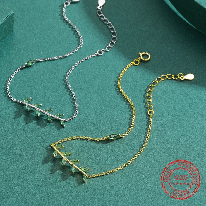 Exquisite 925 Sterling Silver Adjustable Link Bracelets Adorned with Green Zircon and Crystal Leaves - Perfect for Women’s Fashion and Weddings