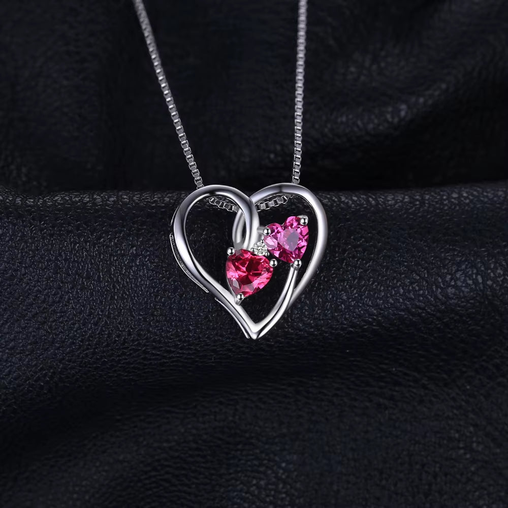 Love Heart Pendant Necklace with 1.2Ct Created Ruby and Pink Sapphire in 925 Sterling Silver - Ideal Gift for Women