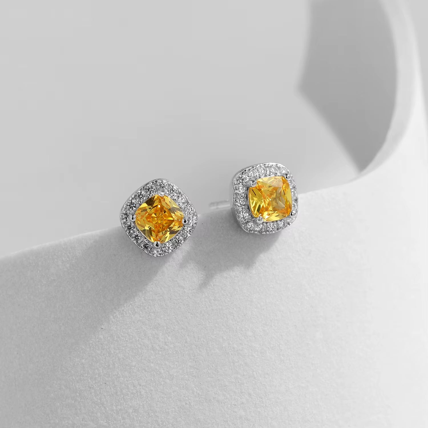 Yellow Sparkling Cubic Zirconia Platinum Plated Stud Earrings 925 Sterling Silver Earrings for Women Wedding Jewelry
