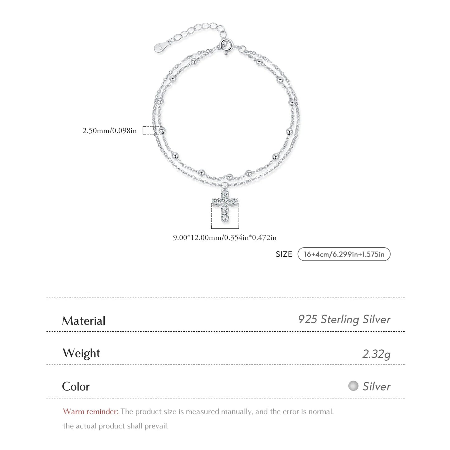 Stunning Double Layer Link Chain Bracelet with Exquisite Cross CZ Design in 925 Sterling Silver for Women - Perfect for Elegant Occasions