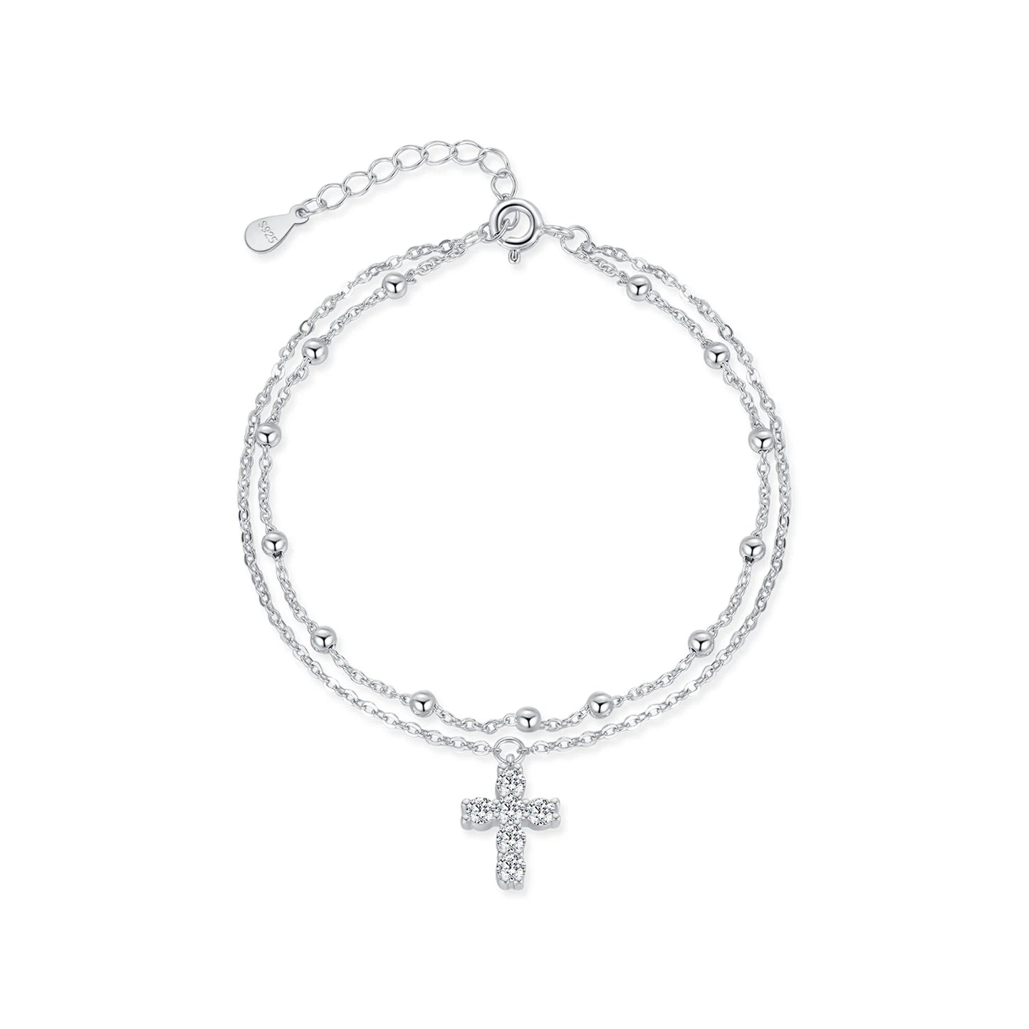 Stunning Double Layer Link Chain Bracelet with Exquisite Cross CZ Design in 925 Sterling Silver for Women - Perfect for Elegant Occasions