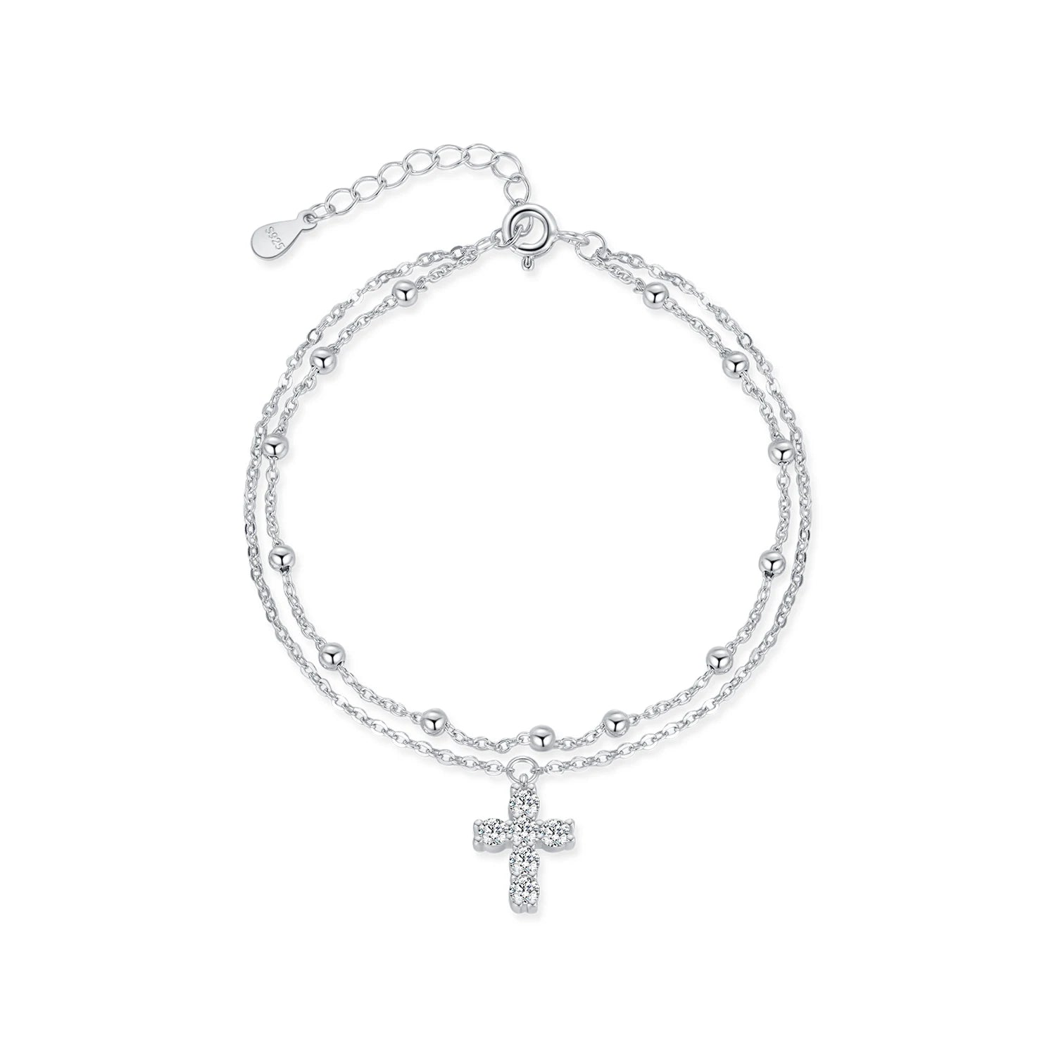 Stunning Double Layer Link Chain Bracelet with Exquisite Cross CZ Design in 925 Sterling Silver for Women - Perfect for Elegant Occasions