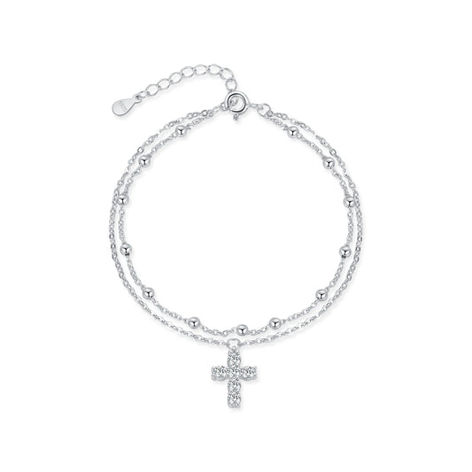 Stunning Double Layer Link Chain Bracelet with Exquisite Cross CZ Design in 925 Sterling Silver for Women - Perfect for Elegant Occasions