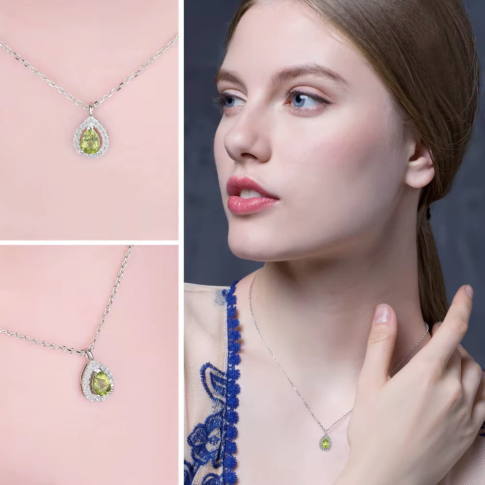 Elegant Pear Natural Peridot and 925 Sterling Silver Halo Pendant Necklace - A Refined Jewelry Gift for Women