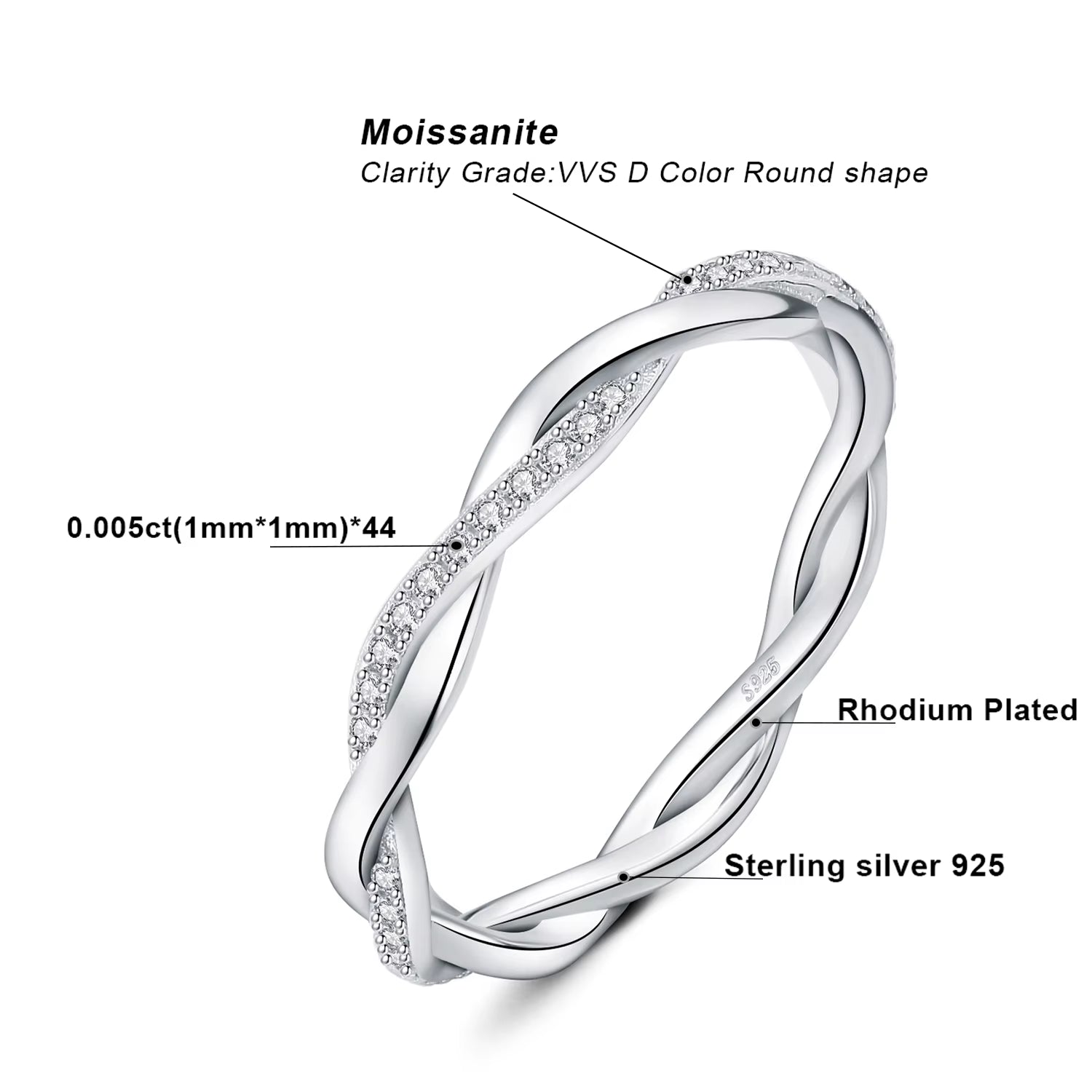 Exquisite Moissanite D Color Love Rope Infinity 925 Sterling Silver Stackable Band Ring - A Timeless Treasure for Women